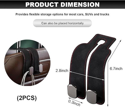 2 PCS Car Seat Headrest Hook, Suede Leather Back Seat Organizer Double Metal Hooks, Universal Headrest Hanger Convenient Vehicle Storage Hook for Purse Handbag Coats (Black) - Image 2