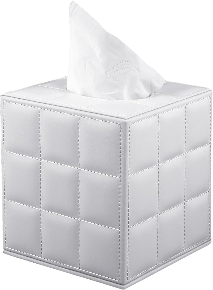 Tissue Box Cover Square,Stylish PU Leather Tissue Box Holder for Dresser Bathroom,Facial Tissue Holder with Magnetic Bottom for Home Office (White) by RHCSZ