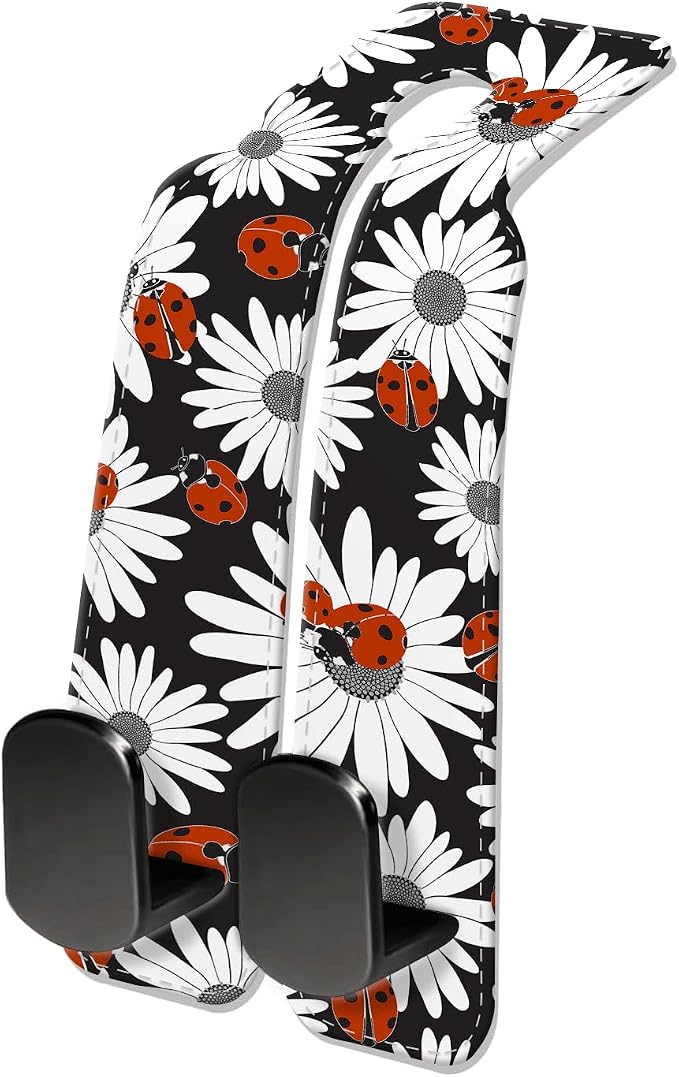Car Seat Headrest Hook, Universal Leather Cute Hanger Holder Hook, Storage Organizer Interior Accessories for Purse Bags Handbag Cute Daisy Ladybird by NUGGHU