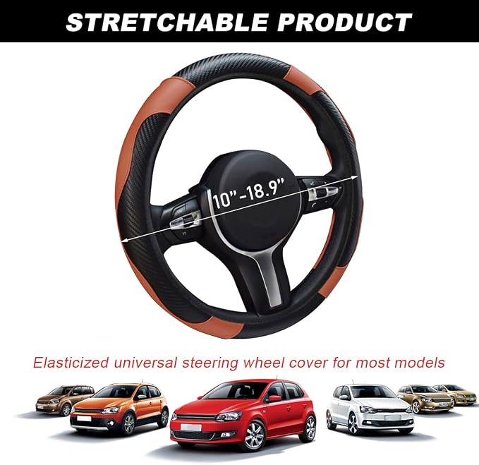DXNQ Car Steering Wheel Cover, 15 Inch Carbon Fiber Leather Stitching Color Steering Wheel Protector, Anti-Slip Elastic Breathable Steering Wheel Cover Stylish Decor for Most Cars (Black & Coffee) - Image 2