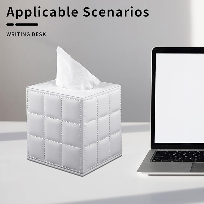 Tissue Box Cover Square,Stylish PU Leather Tissue Box Holder for Dresser Bathroom,Facial Tissue Holder with Magnetic Bottom for Home Office (White) - Image 7