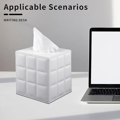 Tissue Box Cover Square,Stylish PU Leather Tissue Box Holder for Dresser Bathroom,Facial Tissue Holder with Magnetic Bottom for Home Office (White) - Image 7