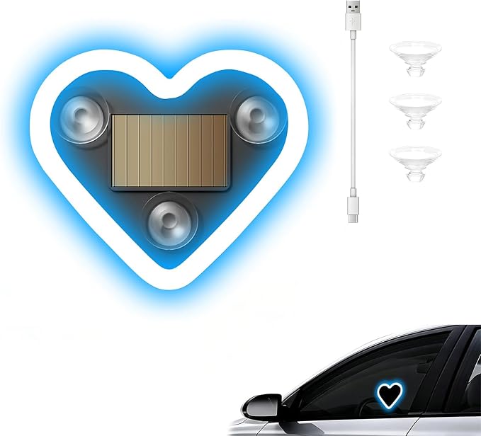 Car Window Wireless LED Ambient Light Solar Powered Love Heart Shaped Neon Lamp for Night Driving Interior Decor Accessories Romantic Gift for Women Girl Couples-Ice Blue by GCZCC