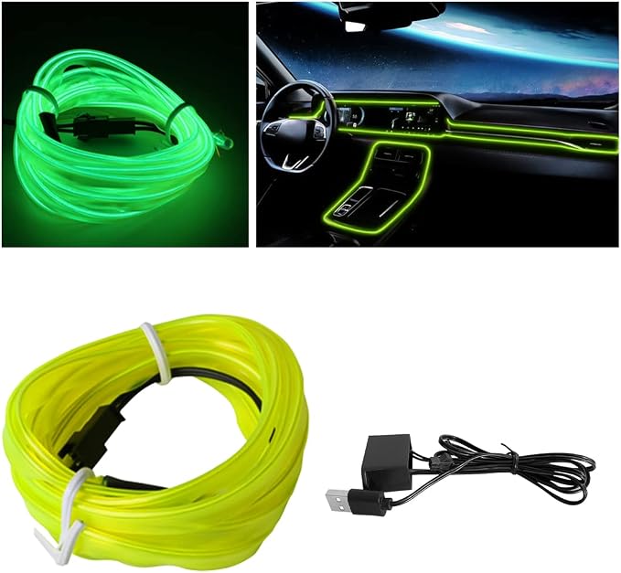 10FT EL Wire Strip Lights, USB Car Neon Trim, Sewing Edge, Ice Green | USB-powered operation, sewing-edge design, fuse protection, interior ambient lighting use, cut-to-length construction by HIPOPY