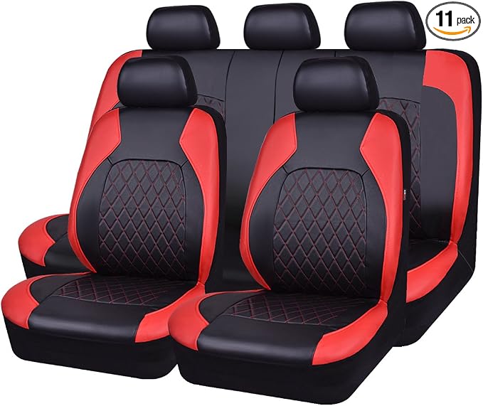 Universal Faux Leather Car Seat Covers Full Set Airbag Compatible Breathable Fit for Cars Trucks SUVs Deluxe Pu Luxury Vinyl(Black with Red) by LeatherCarSeatCovers