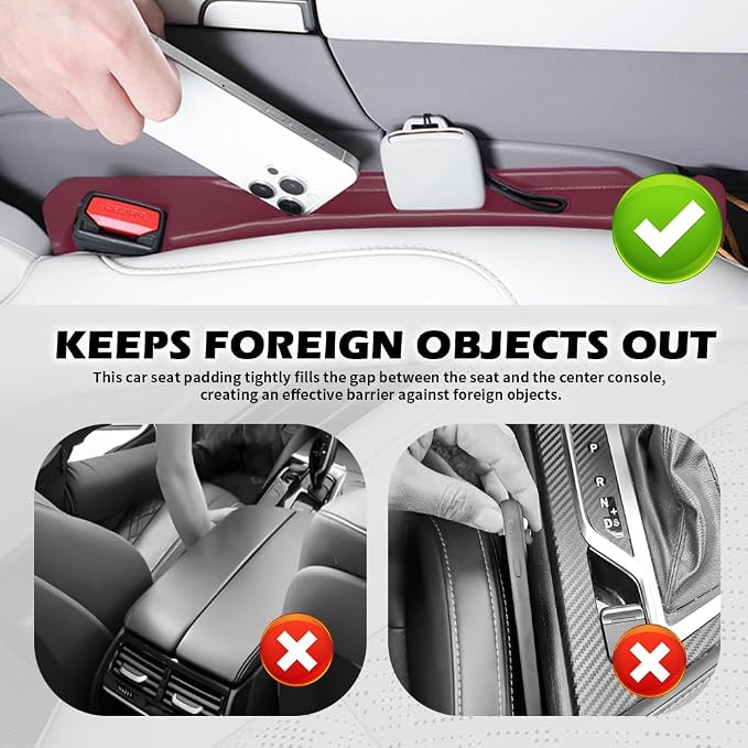 2PCS Car Seat Gap Filler Organizer,3 in 1 Car Seat Side Gap Filler with Hook for Avoiding Dropped Items,Universal No Drop Seats Guard for Filling Gaps 1.37-1.49 Inch Wide (Red) - Image 3
