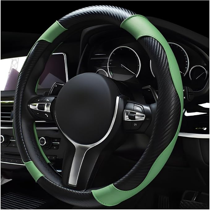 povtii Car Steering Wheel Cover, 15 Inch Leather Breathable Auto Steering Wheel Protector, Comfortable Non-Slip Vehicle Steering Wheel Covers, Universal Car Accessories (Green, with Lining) by povtii