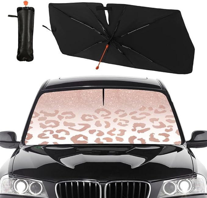 Socira Rose Gold Leopard Car Windshield Sunshade Umbrella Foldable | Umbrella Cute Sun Shade Windshield Cover Sunshade Leopard Print Car Accessories Keeps Cool (57" X 30") by Socira