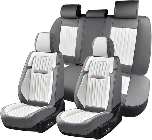 Coverado Car Seat Covers Full Set, Seat Covers for Cars, Car Seat Cover, Car Seat Protector, Leather Car Seat Cushion, Waterproof Car Seat Covers Front Seats and Back Fit for Most Cars(Gray&White) by COVERADOAUTO