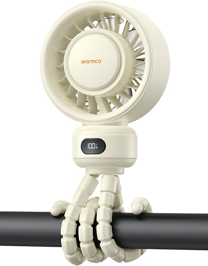 Warmco Portable Stroller Fan, 4000mAh Rechargeable Clip On Fan | Flexible Tripod (Up to 15H), 4 Speeds, LED Display, Detachable Grille, Quiet Operation, for Car Seat, Crib by Warmwinterscoolsummers