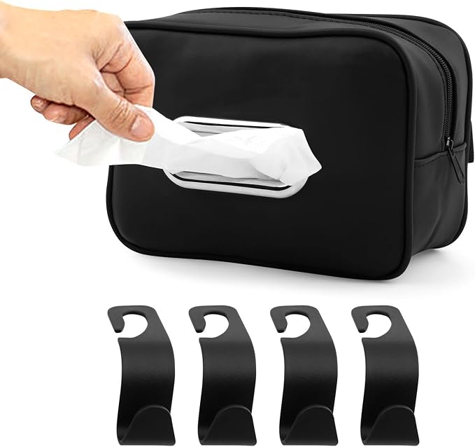 Car Tissue Box Holder, Backseat Rectangular Napkin Holder with 4 Hooks, Small 7.5in PU Leather Napkin Organizer with Metal Ring for Easy Pulling, Fits Headrest, Dashboard & Sun Visor(Color:Black) by Unknown