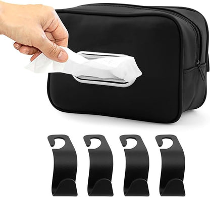 Car Tissue Box Holder, Backseat Rectangular Napkin Holder with 4 Hooks, Small 7.5in PU Leather Napkin Organizer with Metal Ring for Easy Pulling, Fits Headrest, Dashboard & Sun Visor(Color:Black) by Unknown