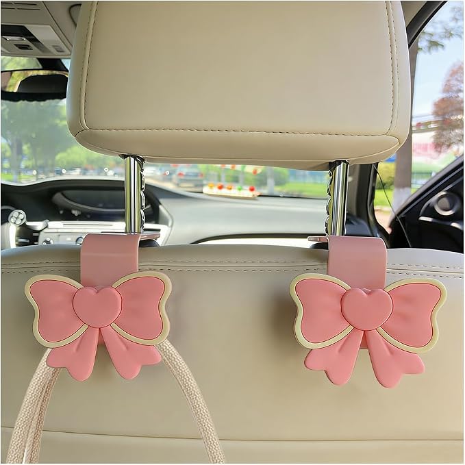 2PCS Car Seat Headrest Hook, Cute Bow Vehicle Backseat Storage Hanger Purse Handbag Organizer, Automotive Interior Seat Back Hook Holder for Umbrella Hat Bag, Universal for Vehicles (Pink) - Image 6