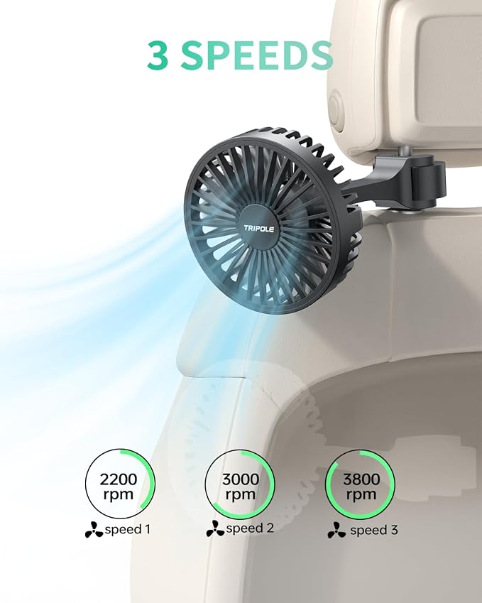 TriPole Car Fan for Rear Seat USB Powered Powerful 3 Speed 5V Fans | Adjustable Clip, Small Car Cooling Fan for Vehicles SUV RV - Image 3