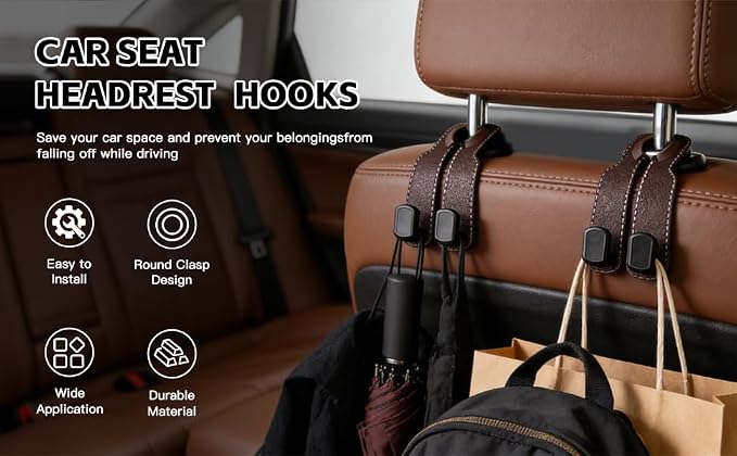 Car Seat Headrest Hooks for Purses and Bags, 4-Pack Heavy Duty Car Seat Hooks with Anti-Slip Pad, Universal Car Backseat Organizer Hanger Accessories for Grocery Bags (Brown) - Image 2