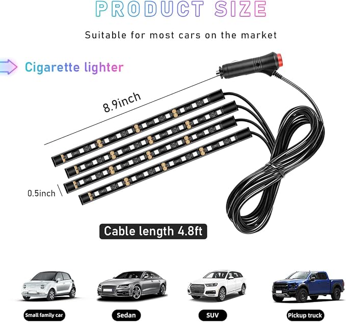Ohleats Car LED Strip Light, 48 LED RGB Auto Interior Atmosphere Lights, Cigarette Lighter Under Dash Ambient Night Light, Interior Lamp Lighting Kit (Green, Cigarette Lighter) - Image 2