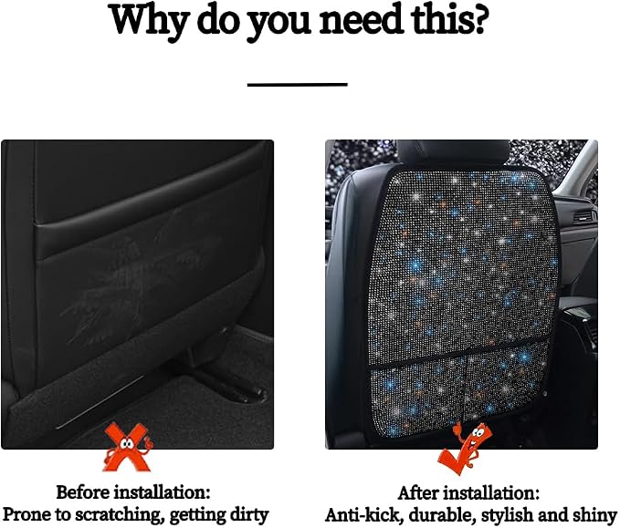 Diamond Bling Car Seat Kick Mats with Storage – Back Seat Protectors with Sparkly Rhinestones for Girls & Women, Crystal Kick Covers for Automotive Interior Accessories Black 2pcs - Image 6