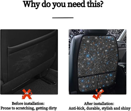 Diamond Bling Car Seat Kick Mats with Storage – Back Seat Protectors with Sparkly Rhinestones for Girls & Women, Crystal Kick Covers for Automotive Interior Accessories Black 2pcs - Image 6