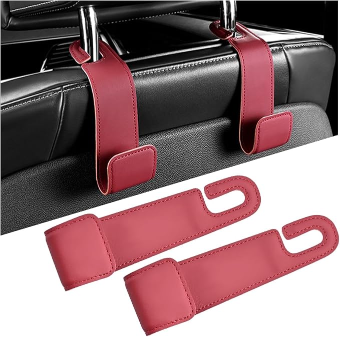 2PCS Car Seat Headrest Hook, Leather Vehicle Seatback Organizer Hanger for Hanging Purses Bags Coats, Auto Seat Back Storage Hook Accessories, Universal for SUV, Sedan, Truck (Red) by KHGUZ