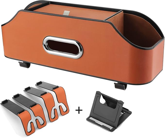 HOLDCY Car Back Seat Organizer with 2 Cup Holders, Tissue Storage, Orange | Rigid ABS Frame With Pu Leather, Dual Hooks And Tool-Free Mounting For Cars, Suvs And Trucks With Separate Headrest Posts - Image 7