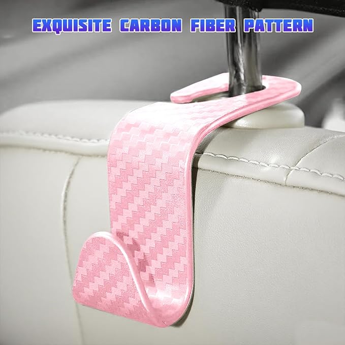 4 Pack 4.13 Inch Carbon Fiber Car Seat Headrest Hooks, Pink | plastic body, supports up to 55 lb, tool-free post fit, rotates beneath headrest when idle, interior storage accessory - Image 6