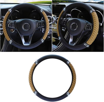 JOYCOURT 15 Inch Bling Soft Leather Car Steering Wheel Cover, Beige | Colorful Rhinestones Design, Auto Elastic Protector for Women Girls, Crystal Diamond Car Accessories for Most Cars, SUVs by JOYCOURT