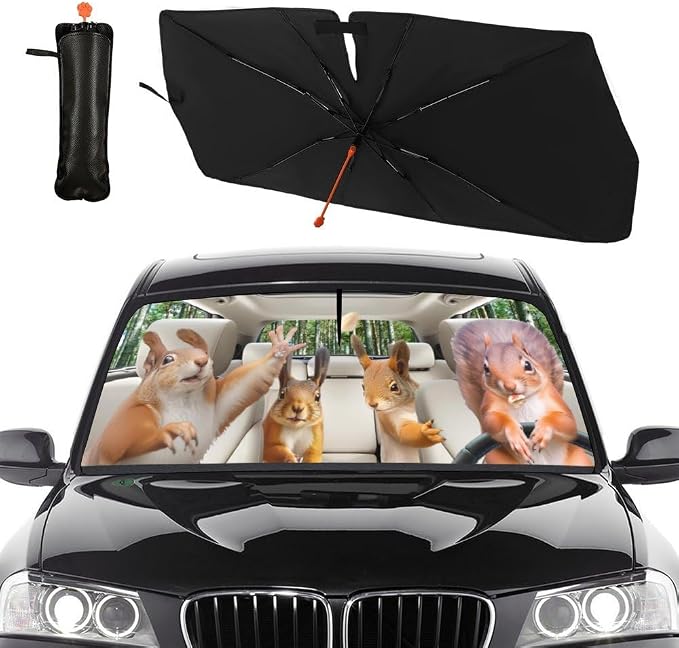 Funny Squirrel Car Windshield Sun Shade Umbrella Automotive Windshield Sunshade Foldable Front Car Accessories Interior Decor to Keep Vehicle Cool for Most Vehicles 57'' X 30'' by Socira