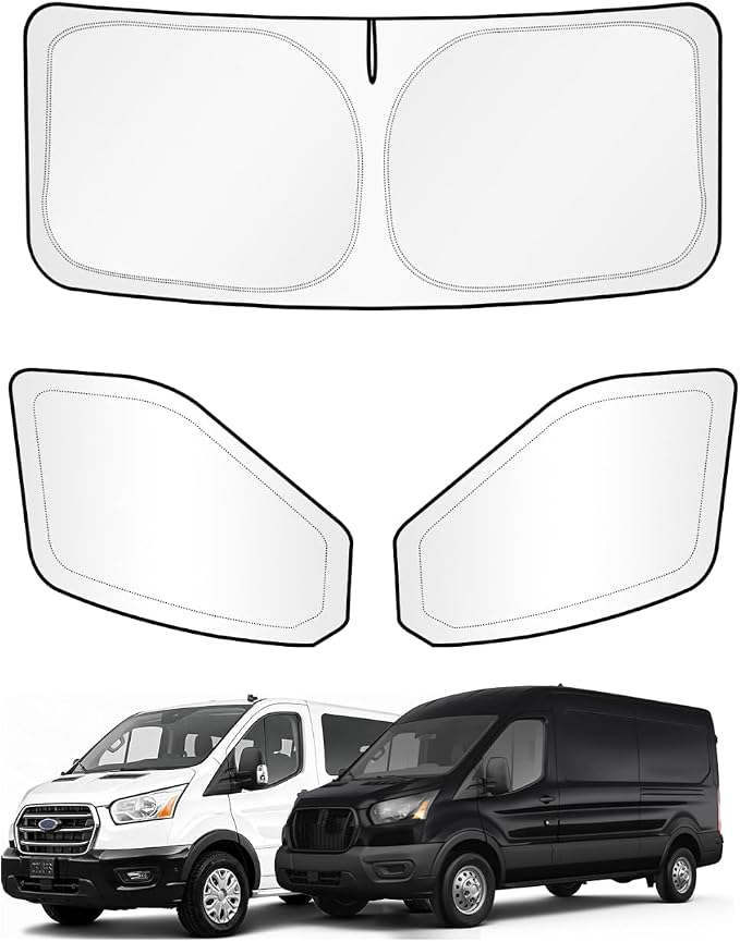 KUST Window Sun Shade for 2015-2026 Ford Transit Van High and Medium Roof (NOT fit for Low Roof), Interior Accessories Sunshade Full Coverage Window Shades Silver & Black Shade, 3-Pack by KUST