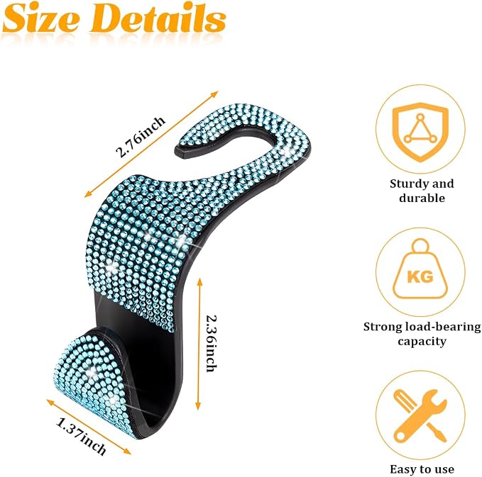 HZEL 4PCS Crystal Rhinestone Vehicle Headrest Hooks for Bags, Blue | plastic and rhinestone build, snap-on headrest mounting, holds bags and umbrellas, uses seatback space, fits vehicles - Image 2