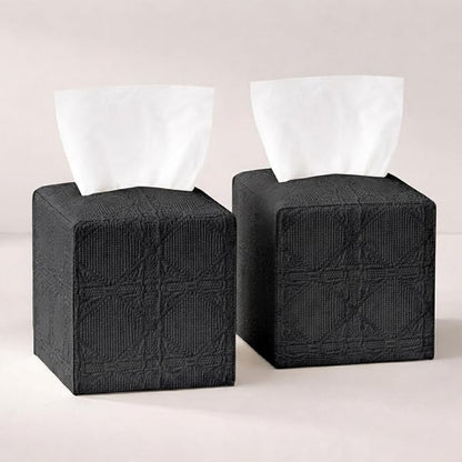 Tissue Box Cover 2-Pack, Square Tissue Holder with Bottom Belt, Modern Tissue Case Facial Paper Organizer Dispenser for Bathroom, Office, Home, Table, Car, Black, Linen Pattern by Avolander