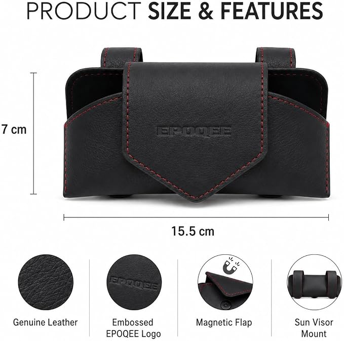 Leather Sunglasses Holder for Car Visor, Magnetic Case, Black | Fully enclosed cowhide case protects lenses; magnetic one-hand closure clips securely to most car, SUV, and truck visors. - Image 5