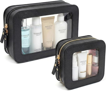 2Pcs Clear Window Travel Cosmetic Bag Set,Waterproof PU Portable Sunscreen Storage Pouch,Square Makeup Organizer Case,Summer Beach Vacation Toiletry Bag for Skincare(2Pack-Standard & Square, Black) by LETGO