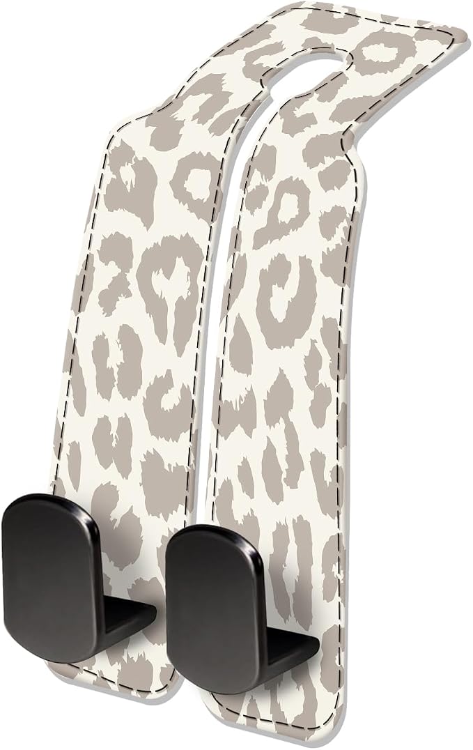 Car Seat Headrest Hook, Universal Leather Cute Hanger Holder Hook, Storage Organizer Interior Accessories for Purse Bags Handbag Luxury Grey Leopard by NUGGHU
