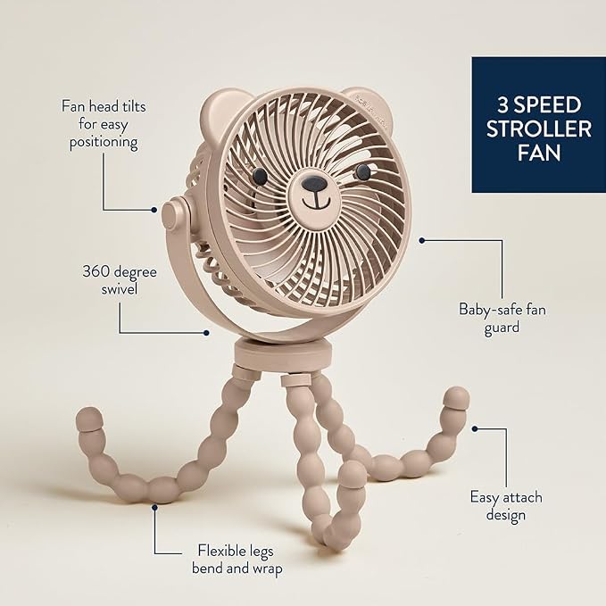Itzy Ritzy Baby Stroller Fan, Rechargeable Fan with Wraparound Legs (Bear) | 360° Swivel, Flexible Wraparound Legs Attach to Strollers & Car Seats, USB Rechargeable with 3 Speeds for Cooling On the Go - Image 5