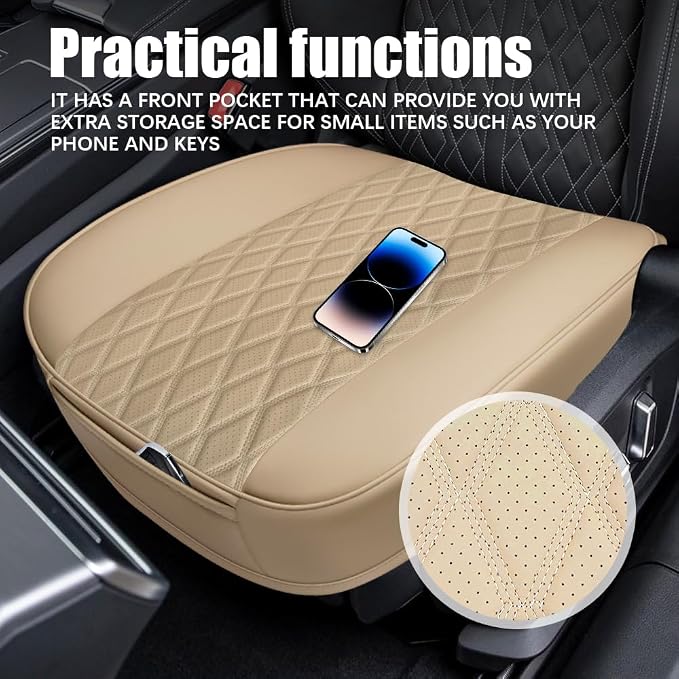 Leather Front Car Seat Cover, Anti-Slip Car Seat Bottom Covers, Full Wrapped Bottom Seat Protectors with Storage Pocket, Universal Comfortable Seat Cushion Fit Vehicles SUVs Trucks (Beige) - Image 3