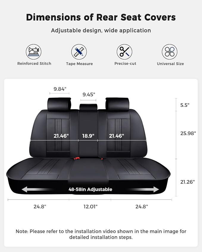 Huidasource Back Seat Cover, Luxury Faux Leather Rear Seat Cover, Velcro Adjustable, Compatible with Child Seat, Perforation Cooling＆Heating, Universal Fit for Most Cars, Vans, Trucks, SUVs, Black - Image 2