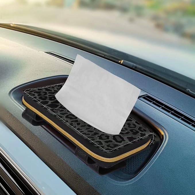Biyejit Black Leopard Print 2 Packs Car Tissue Holder, Premium Sun Visor Napkin Case, Hanging Car Accessories Used to Organize Paper Towels and Storage Small Items - Image 5