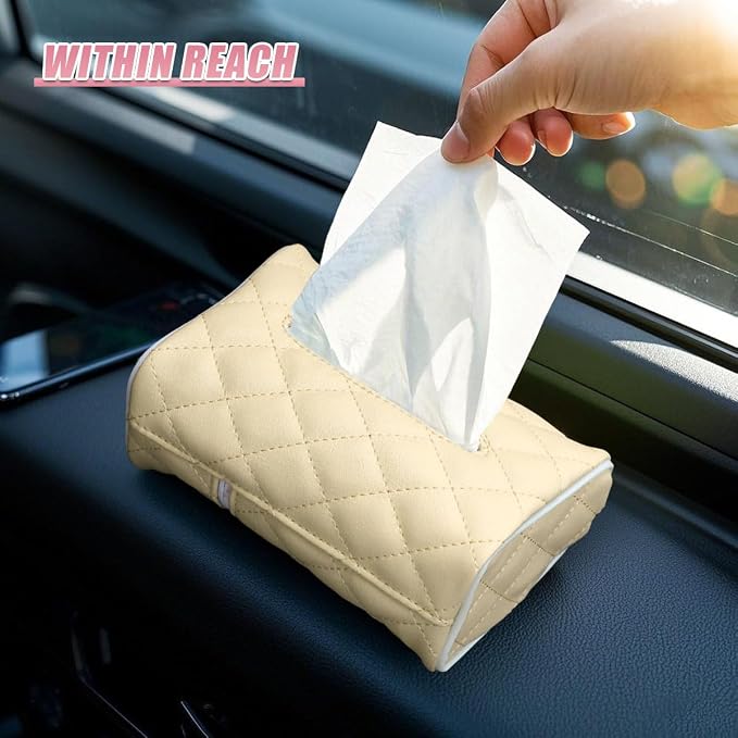 Car Tissue Holder, Soft PU Leather Auto Backseat Napkin Holder, Rectangle Hanging Tissue Box for 100-150 Standard Tissues, Universal Car Interior Storage & Organization Accessories (Beige) - Image 4