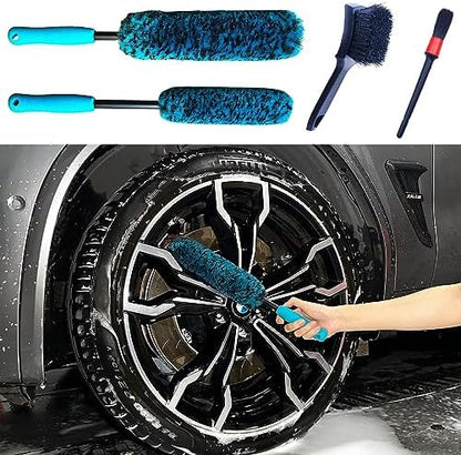 oesee PRO Choice 4 Pack Long Handle Wheel Brush Kit for Cleaning Wheel and Tire- 2X Soft Wheel Cleaning Brush, Detailing Brush and Stiff Tire Brush by OeSee