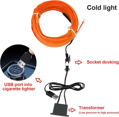 10FT EL Wire Strip Lights, USB Car Neon Trim, Sewing Edge, Orange | USB-powered operation, sewing-edge design, fuse protection, interior ambient lighting use, cut-to-length construction - Image 2