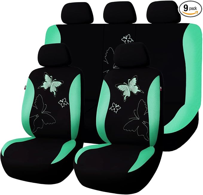 Flying Banner Butterfly car seat Covers ful Set Fashion Universal Lady Woman Female Rear Bench Split Colorized (Mint Green, Full Set - Lace) by FlyingBanner