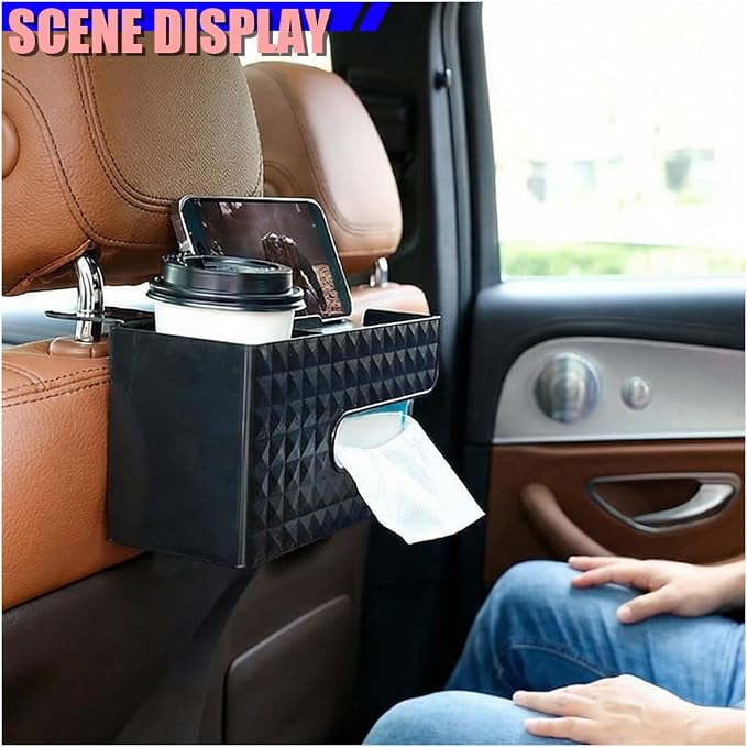 Car Back Seat Organizer, Automotive Drink Cup Holder with Hooks, Multifunctional Tissue Storage Box with Phone Holder, Vehicle Interior Organizer Accessories for Sedan, SUV, Truck (Black) - Image 4