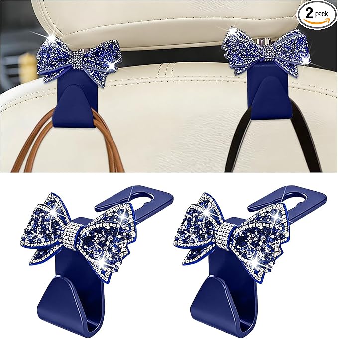 Zpana Bling Car Headreat Hook, 2PCS Crystal Rhinestone Cute Bow Vehicle Seat Back Hanger Storage for Purses Bags Grocery, Diamond Auto Rear Seat Organizer, Universal for SUV Truck Sedan (Blue) | PVC construction, rhinestone bow design, compact rear sea... by Zpana