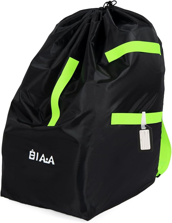 elaia Large Waterproof Car Seat Travel Bag for Airplane with Green Straps | Large capacity waterproof car seat travel bag for airplane with straps. Foldable, durable carseat bag for air travel by elaia