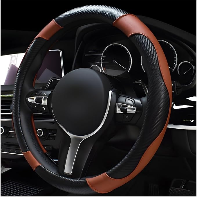 povtii Car Steering Wheel Cover, 15 Inch Leather Breathable Auto Steering Wheel Protector, Comfortable Non-Slip Vehicle Steering Wheel Covers, Universal Car Accessories (Coffee, with Lining) by povtii