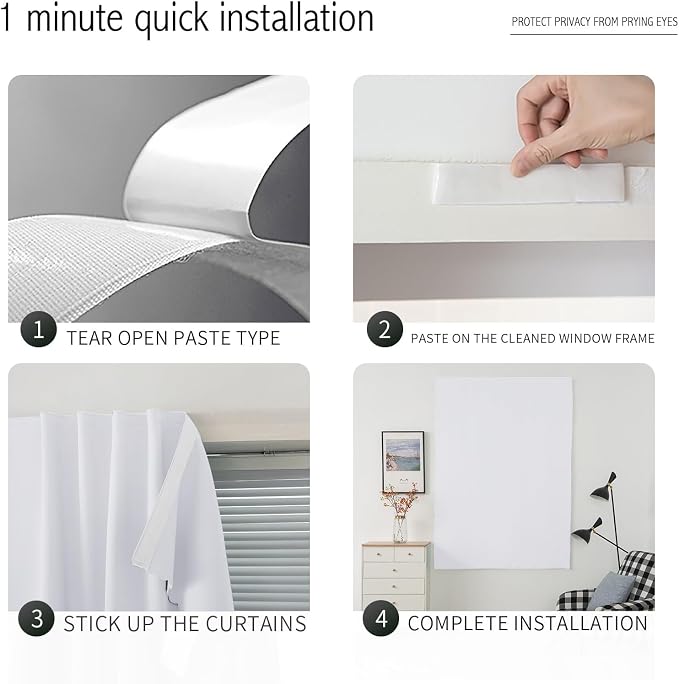 self Adhesive Curtains Portable Blackout Curtain Simple and Easy to Install Bedroom Window Thermal Lnsulated Kitchen Room Darkening Black Small Drapes, 59" W X 59" L, White, 1 Panel - Image 4
