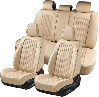 Coverado Front and Back Seat Covers for Cars, Nappa Leather Car Seat Covers, Automotive Seat Covers for Trucks, 5 Seats Waterproof Carseat Protector Car Seat Cover Beige, Universal Fit for Most Cars by COVERADOAUTO