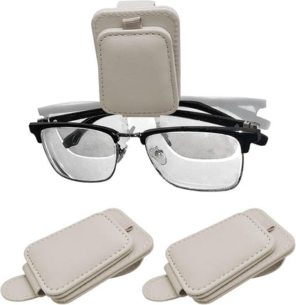 2 Pack Magnetic Leather Car Sunglass Holder, Beige | Leather Glasses Eyeglass Hanger Clip for Car, Sunglass Clip Glasses Holder for Car Visor by JYMAOYI