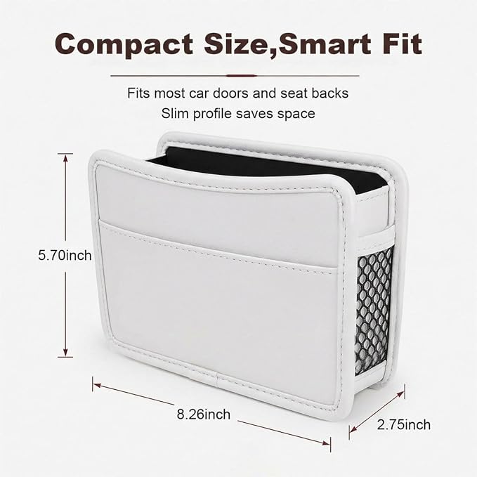 Car Seat Side Pocket Organizer, Leather Sewn Multifunctional Automotive Trash Bag, Small Vehicle Door Pouch for Cell Phone, Key, Wallet, Sunglasses (White) - Image 2