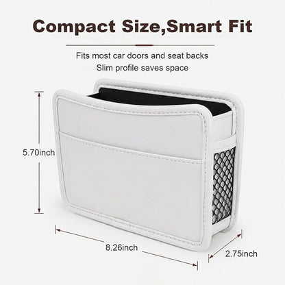 Car Seat Side Pocket Organizer, Leather Sewn Multifunctional Automotive Trash Bag, Small Vehicle Door Pouch for Cell Phone, Key, Wallet, Sunglasses (White) - Image 2